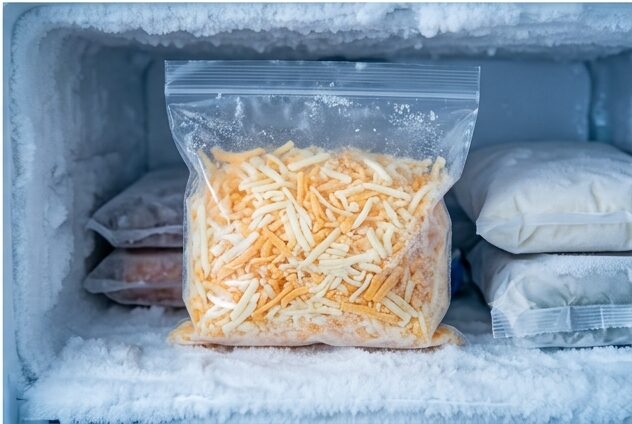 Queijo ralado em um saco para freezer