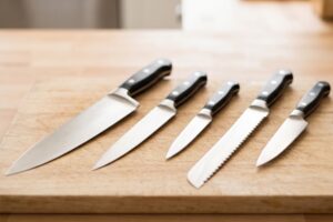 Facas de cozinha variadas em uma tábua