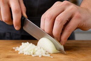 Duas mãos cortando uma cebola com a garra